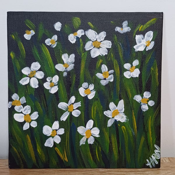 Acrylic painting, Dash of Daisies on canvas panel 6 x 6 inches