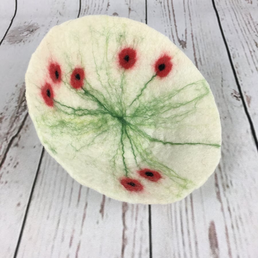 Felted bowl, decorative dish, trinket dish, white with poppy design