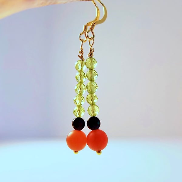 AAA Grade Sparkly Peridot, Black Spinel & Carnelian Earrings - Handmade In Devon