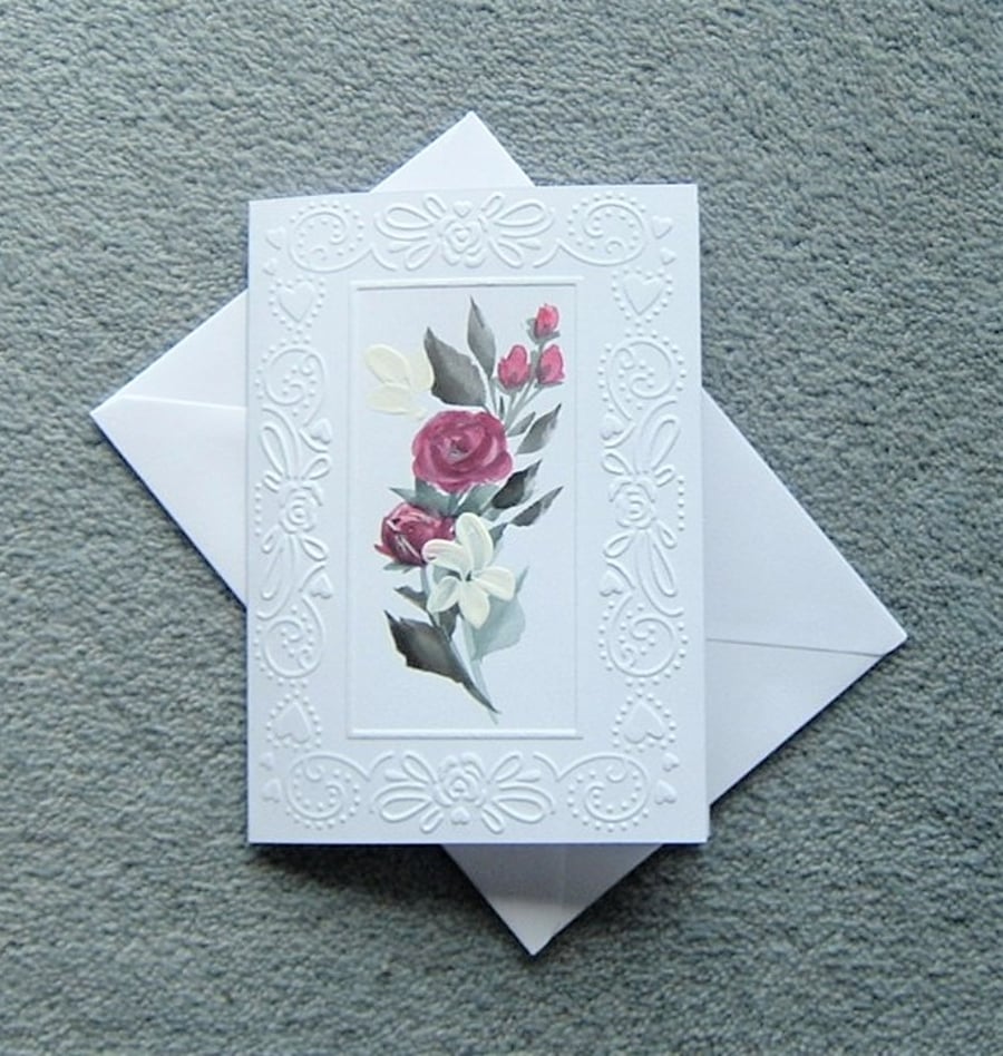 roses watercolour floral hand painted greetings card ( ref F 115 )
