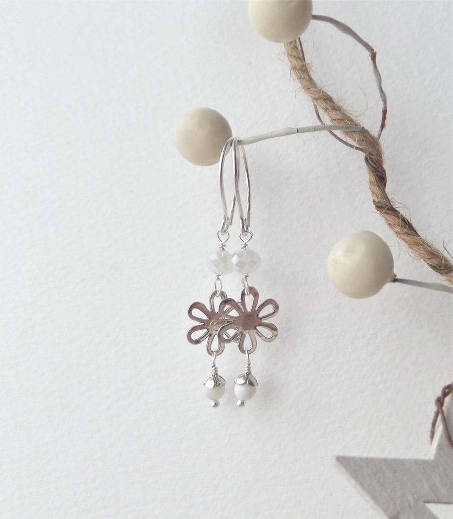 Sterling Silver Flower Earrings, White Crystal and Mother Of Pearl Earrings