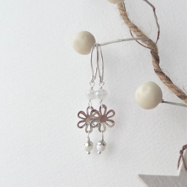 Sterling Silver Flower Earrings, White Crystal and Mother Of Pearl Earrings