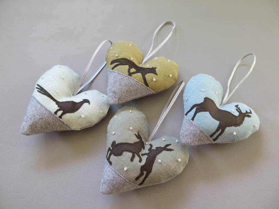 Handmade Christmas decorations, padded hanging heart, countryside animals