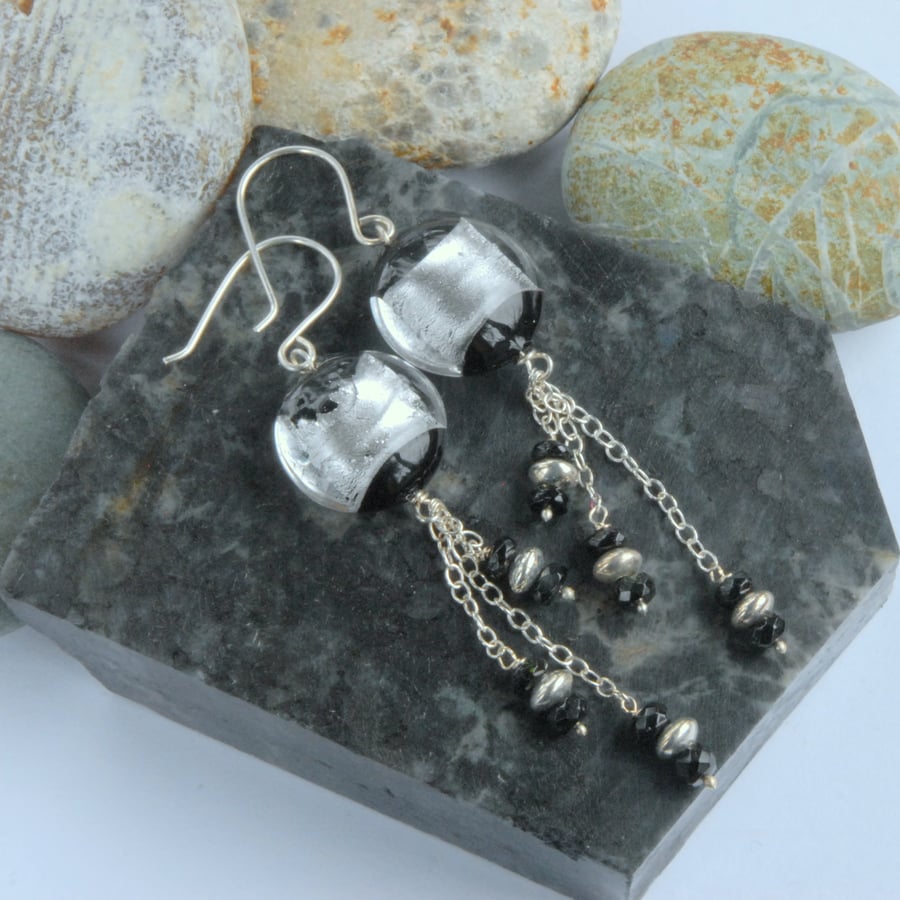 Long dangly black and silver murano glass sterling silver earrings