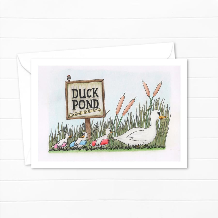 Cute Ducks Greeting Card: Pencil Illustration of a Duck Family Outing (213)