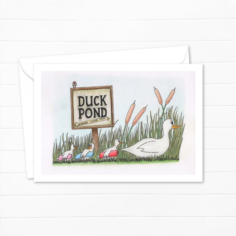Cute Ducks Greeting Card: Pencil Illustration of a Duck Family Outing (213)