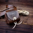 Handmade Medieval-style leather belt pouch with Viking knot embossing - Hipbag