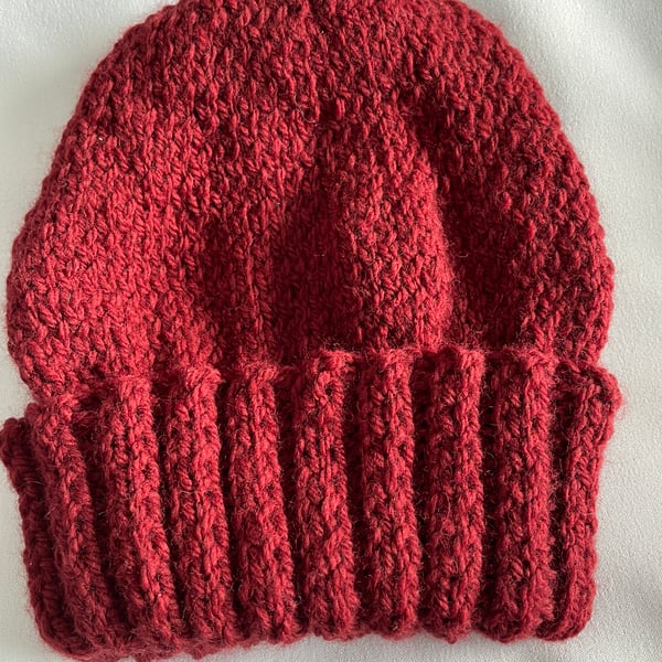 Adult Hand Knitted Burgundy Beanie Hat