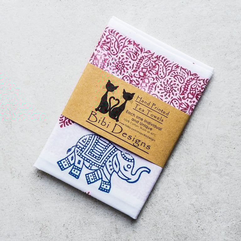 Hand printed elephant tea towel Indian woodblock wedding or housewarming gifts  