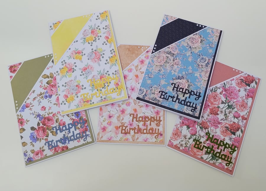 Set of five Birthday Cards - Multi-Pack of Floral Themed Handmade Birthday Cards