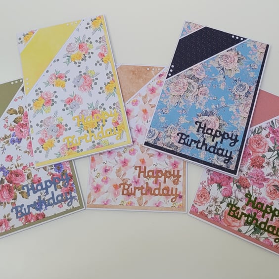 Set of five Birthday Cards - Multi-Pack of Floral Themed Handmade Birthday Cards