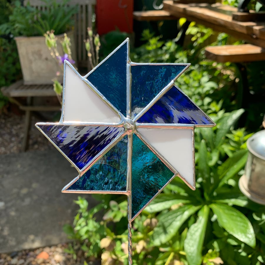 Stained  Glass Windmill Stake Large - Plant Pot Decoration - Blue White 