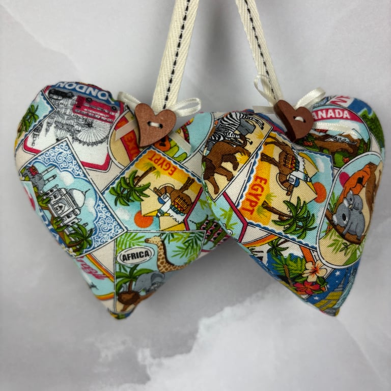 Handmade travel cards hanging fabric hearts set of 2