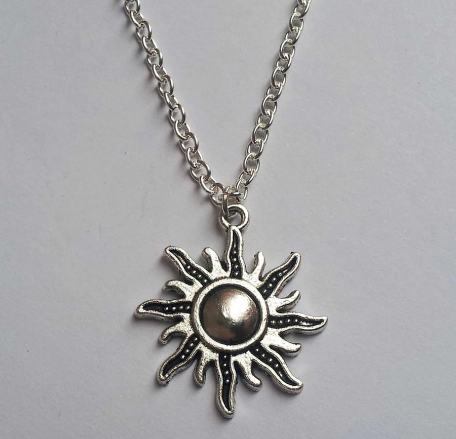 Tribal Sun Boho Silver Plate Necklace
