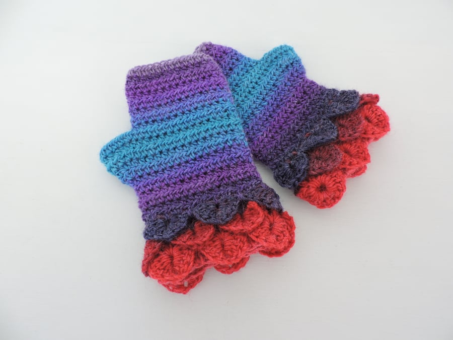 Fingerless Dragon Scale Cuffs Mitts  Red Blackcurrant Violet Turquoise