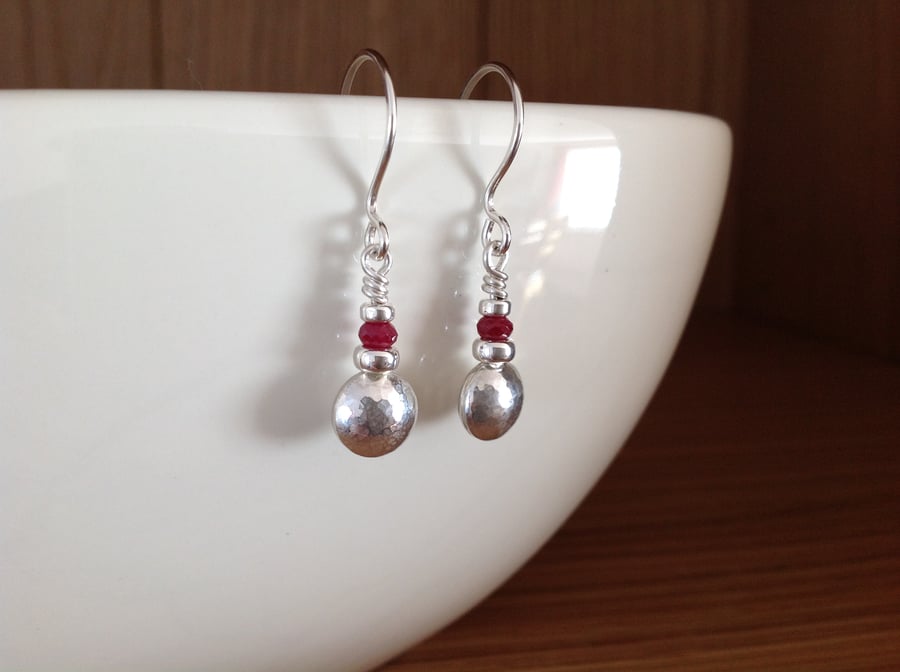 Red faceted Longido Ruby and Sterling silver pebble drop earrings