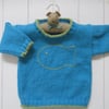Hand knitted childrens big Jonah fish blue jumper 2 yrs