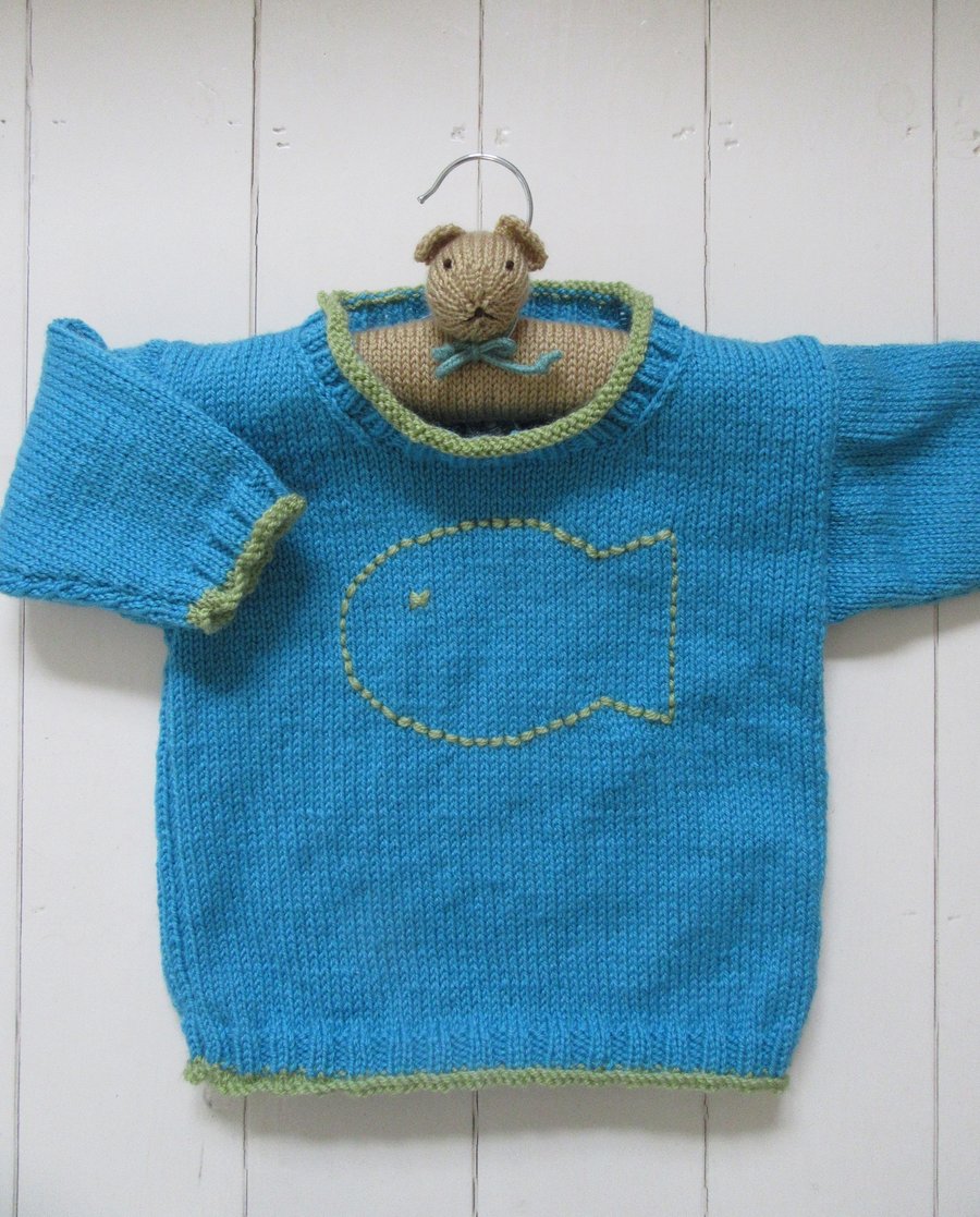 Hand knitted childrens big Jonah fish blue jumper 2 yrs