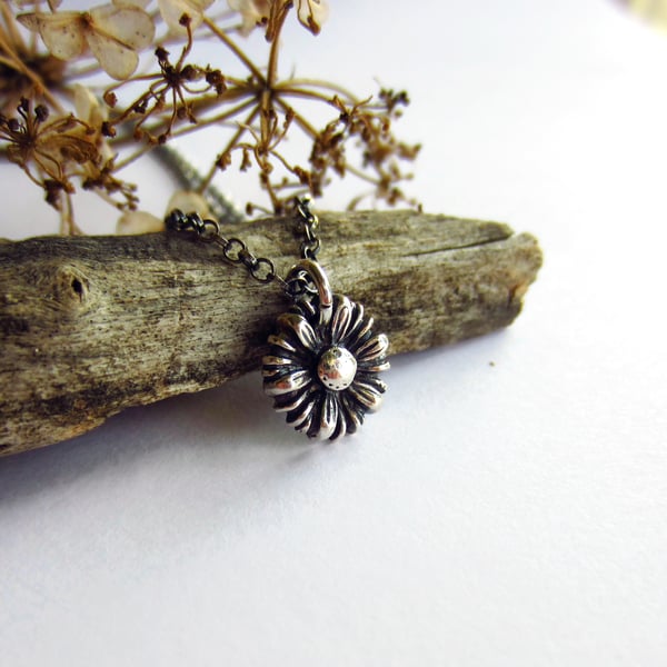 Silver Daisy Necklace - Oxidised Fine Silver - April Birth Flower