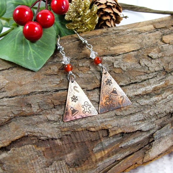 Earrings, Christmas Tree Copper & Carnelian Droppers - Hypoallergenic Ear Wires