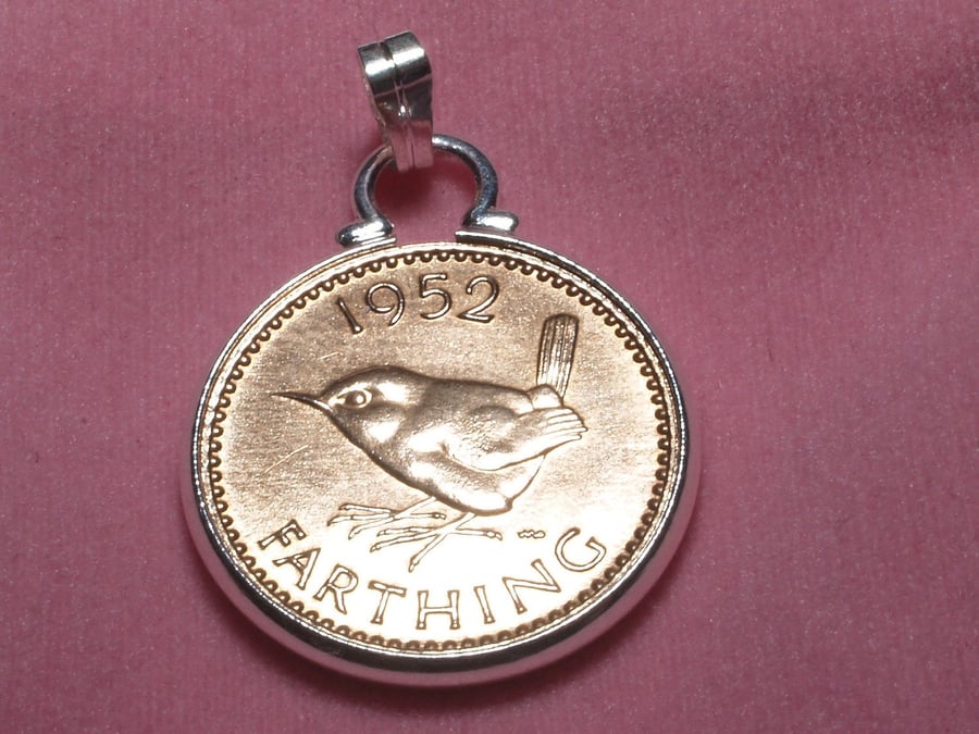 1952 68th Birthday Anniversary Farthing coin in a Silver Plated Pendant mount