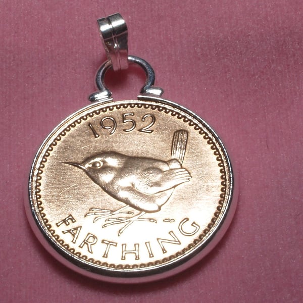 1952 68th Birthday Anniversary Farthing coin in a Silver Plated Pendant mount