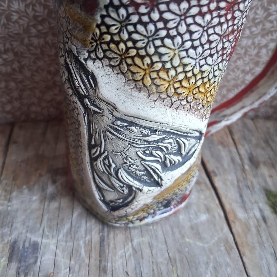 Coffee mug colourful moth design Ceramic handmade