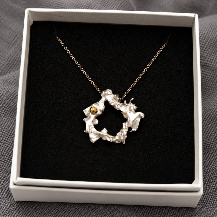 Molten Silver Wreath Pendant, Artisan Statement Jewellery, Brass Detail Necklace