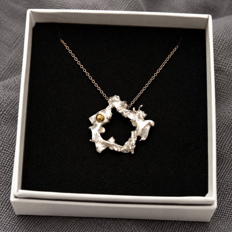 Molten Silver Wreath Pendant, Artisan Statement Jewellery, Brass Detail Necklace
