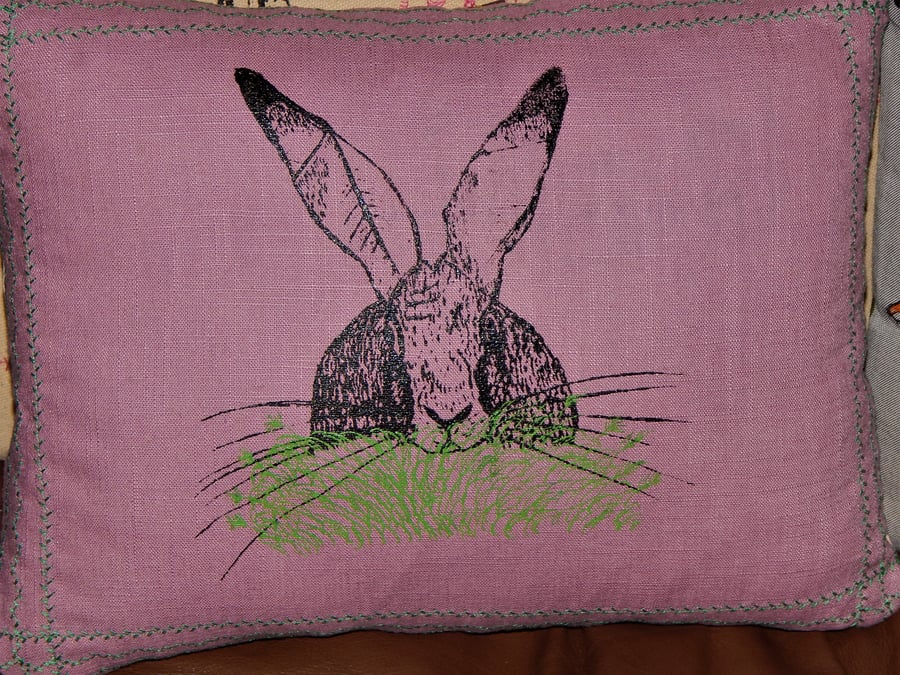 Linen heather - Hare and grass - Screen printed cushion. 33cm x 26cm