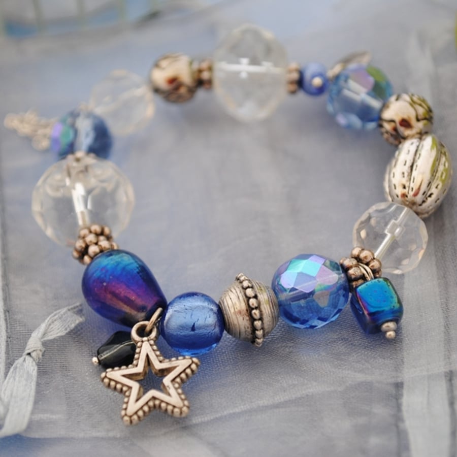 Sale-Sapphire blue & silver stretch bracelet
