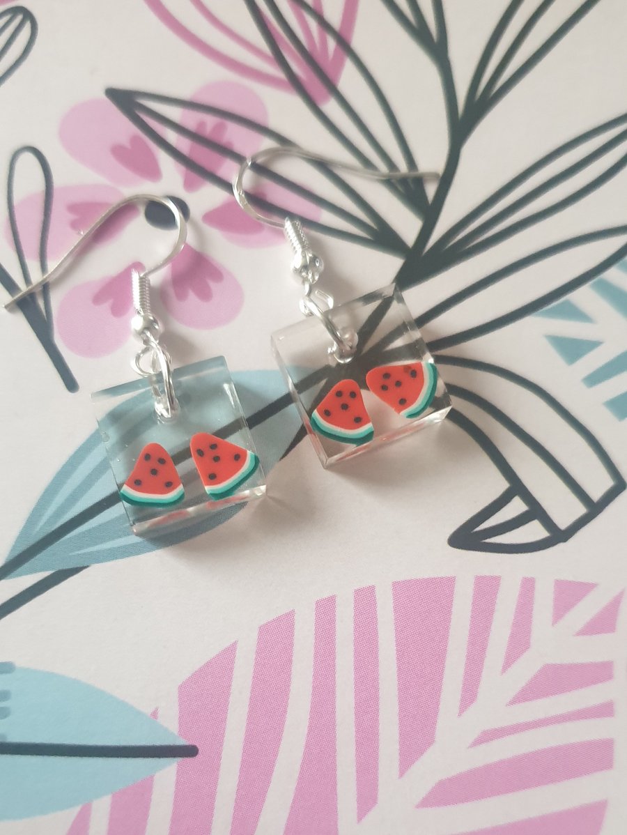 Square watermelon resin earrings