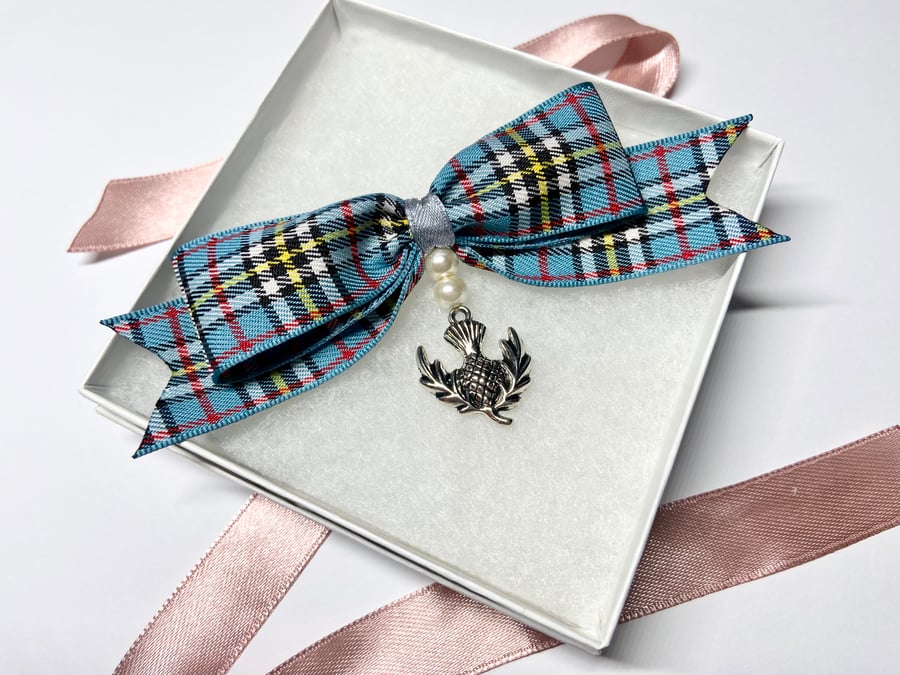 Blue Thomson Tartan Brooch - Scottish Clan Plaid Thistle Charm Bow Pin