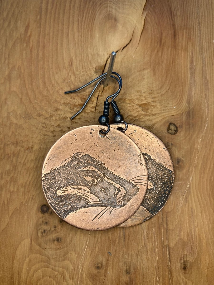 Badger - Handmade Etched Copper Earrings LARGE