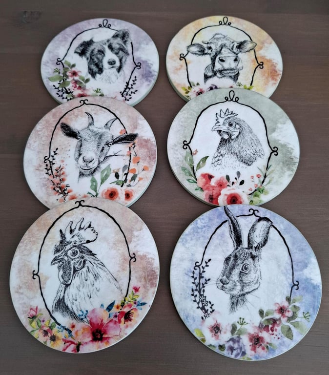 Set of 6 Farm Animals Wooden Coasters, Decoupaged Drinks Mats with Holder