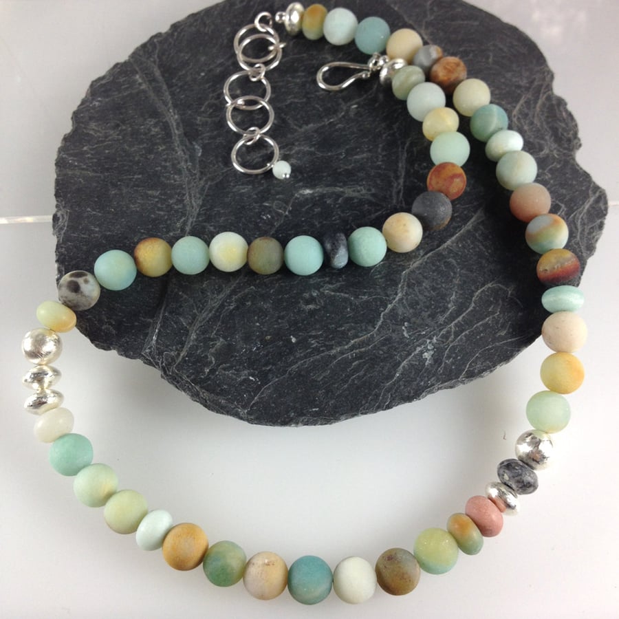 Chunky frosted amazonite and silver necklace