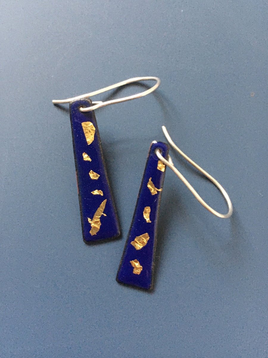 Pretty copper and purple enamelled dangle earrings with flecks of gold leaf