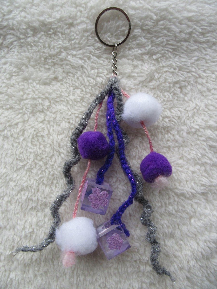 Purple pompom bag charm, stocking filler, gift for girls