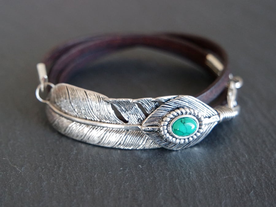 Leather wrap bracelet - feather and turquoise coloured stone