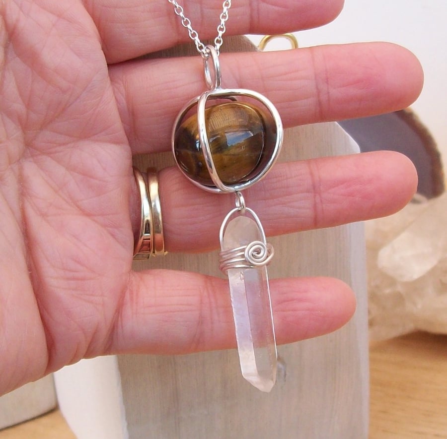 Quartz Point with caged Tigers eye Pendant Sterling Silver,