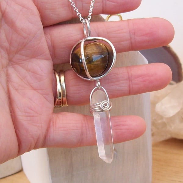 Quartz Point with caged Tigers eye Pendant Sterling Silver,