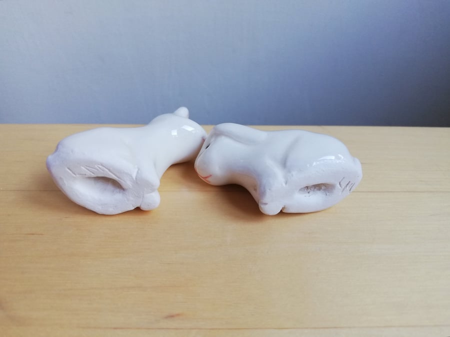 Bunny rabbit white ceramic handmade figurine with straight ears