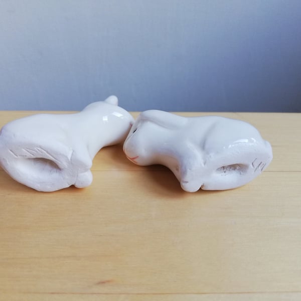 Bunny rabbit white ceramic handmade figurine with straight ears