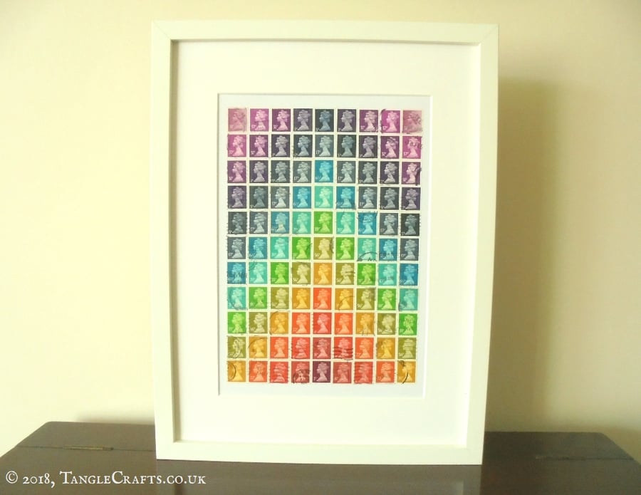 Rainbow Postage Stamp Wall Art, Upcycled Framed Collage Decor