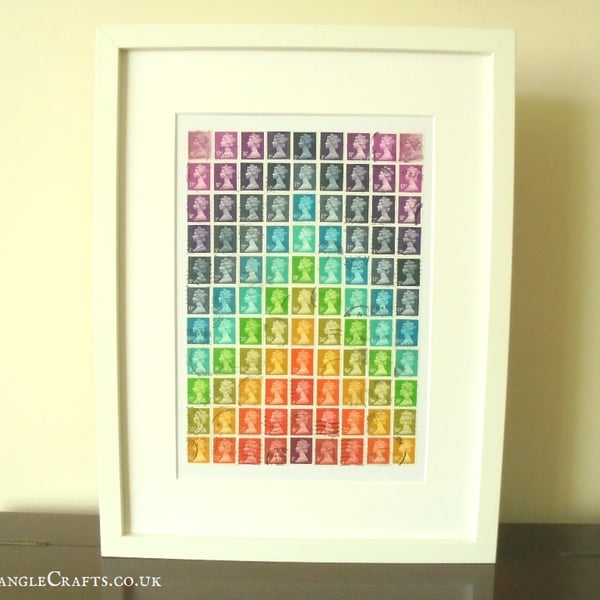 Rainbow Postage Stamp Wall Art, Upcycled Framed Collage Decor