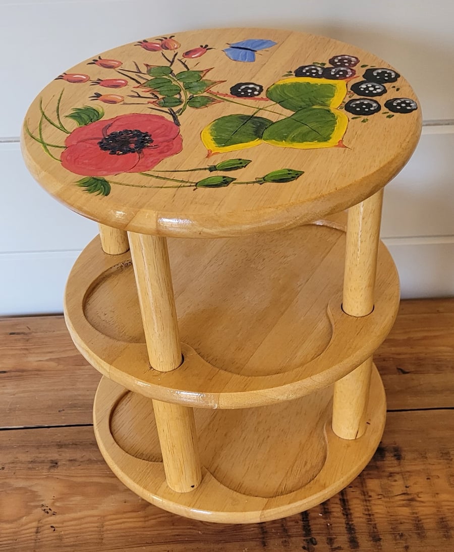 Turning Wooden 2 Tiered Afternoon Tea Stand Decorated With Poppy, Rosehips etc. 