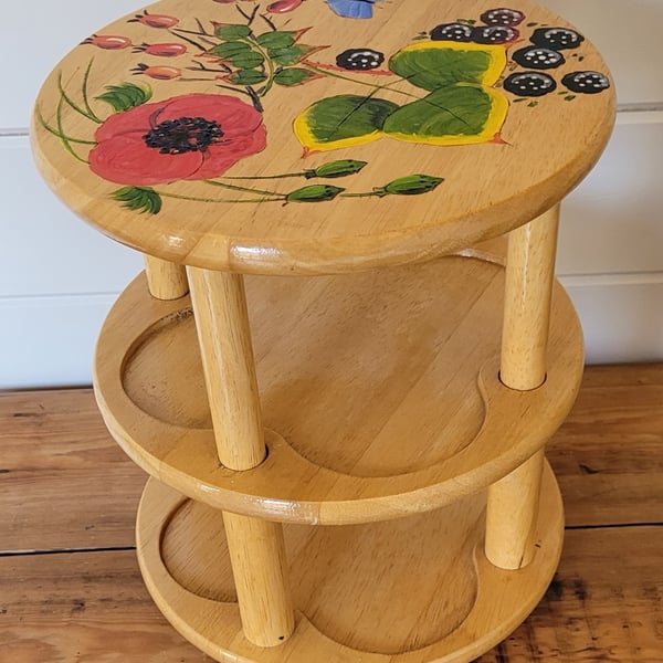 Turning Wooden 2 Tiered Afternoon Tea Stand Decorated With Poppy, Rosehips etc. 