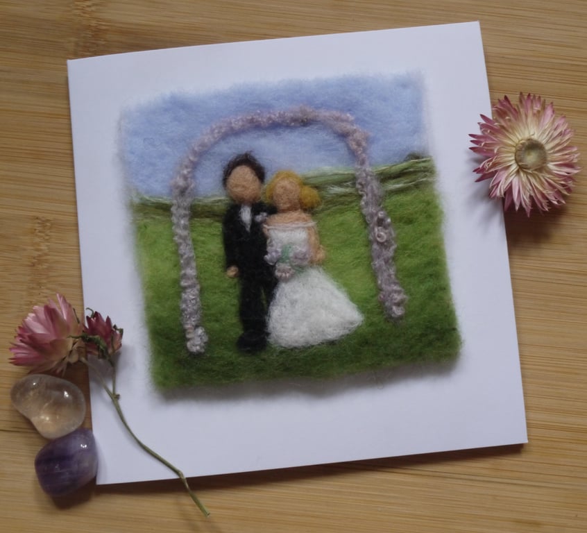Needle felted handmade Bride and Groom greetings card