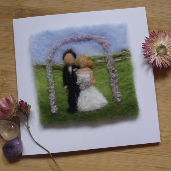 Needle felted handmade Bride and Groom greetings card