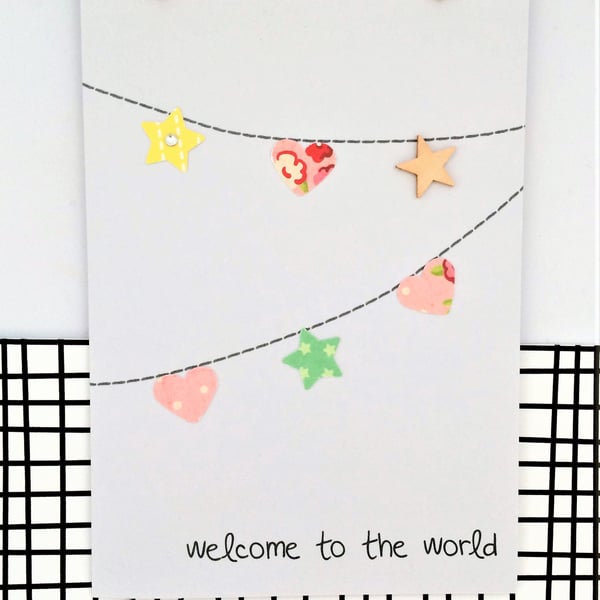 New Baby Card - Baby Girl Card - Paper Bunting - Handmade Card - Welcome to the 